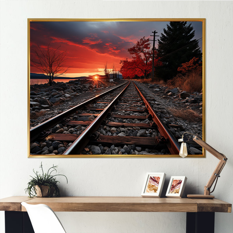 Train, train rouge, paysage I, Cadre flottant doré, H 34 po x l 44 po x P 1,5 po