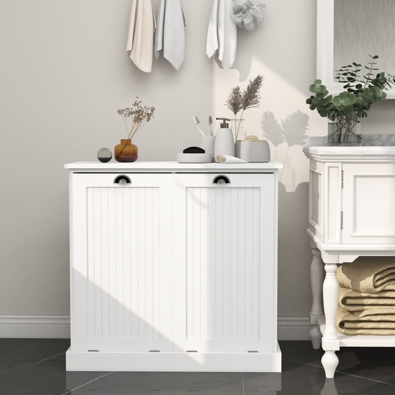 Laundry Sorter Cabinet - White, Made, Painted, Removable Cloth Bags, 120 Assembly, 100-Pound Load Capacity White With 2 Compartments, Construction, Painting, Detachable Capacity, Assembly Included