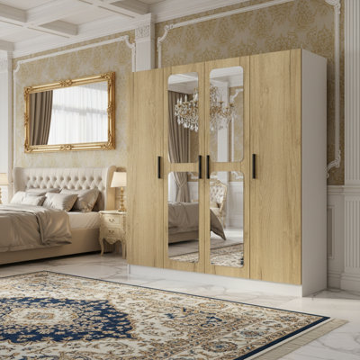 4 Door Mirror Wardrobe Cabinet With 2 Drawers
