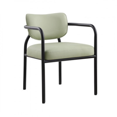 Ensemble de 2 chaises de salle à manger rembourrées vert sauge, avec accoudoirs et structure robuste en fer noir, style moderne et contemporain, pour salle à manger ou cuisine.