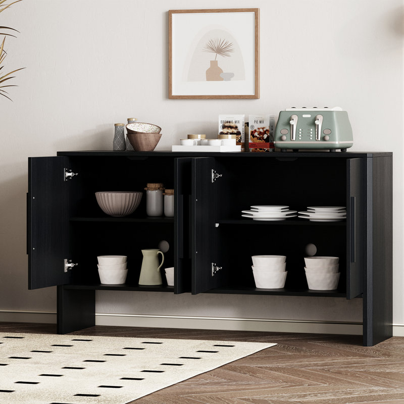 Grand buffet rétro à 4 portes avec tablettes réglables et longues poignées, conçu pour les cuisines et les espaces repas