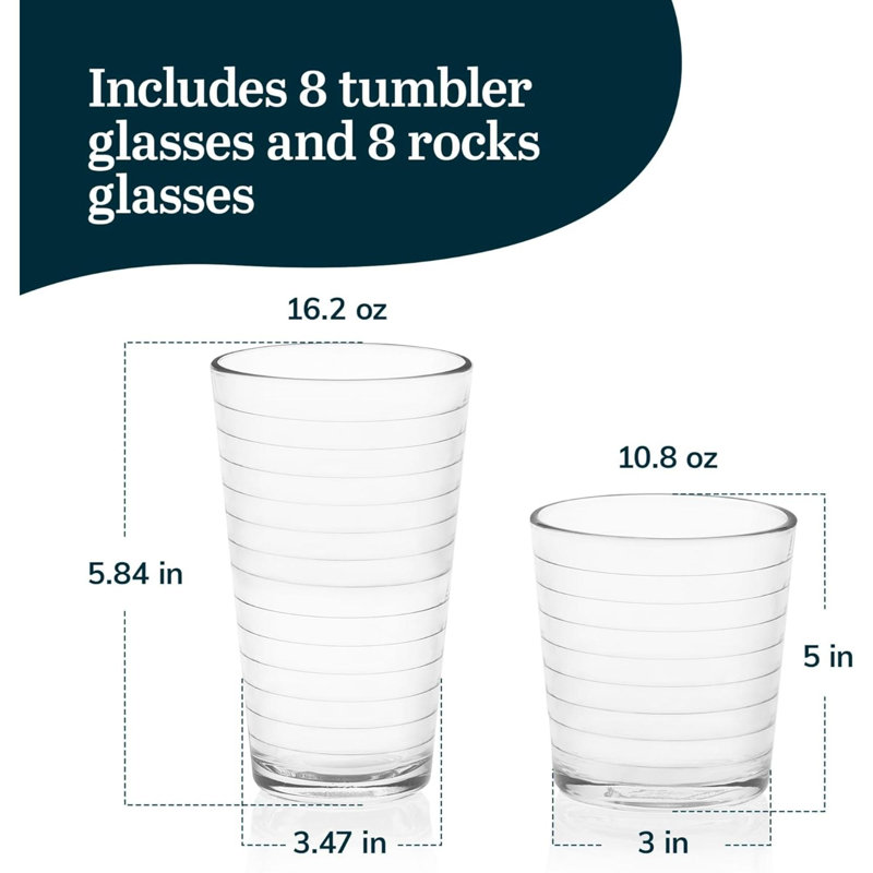 Libbey Hoops Clear Glass 16-Piece Tumbler and Rocks Set