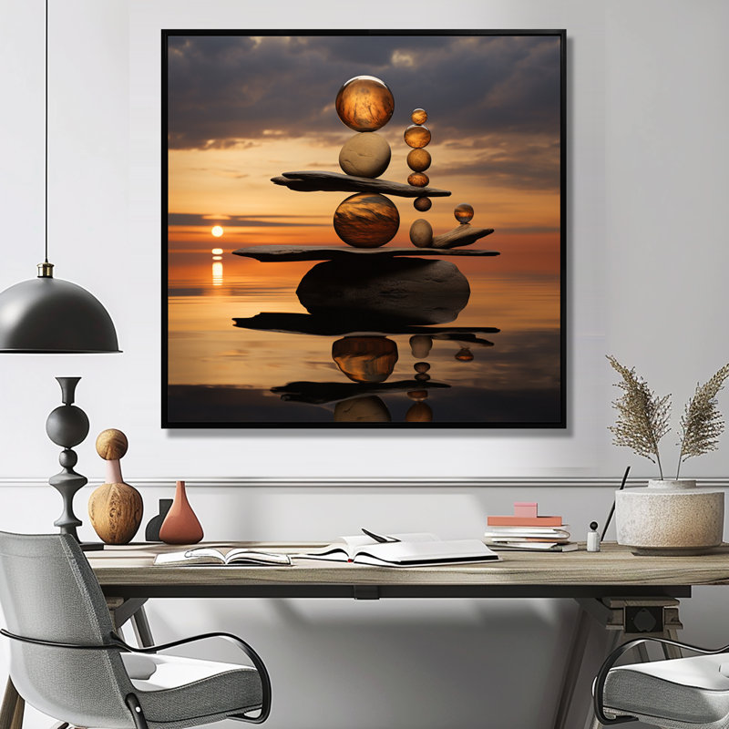 Cairn of Golden Spheres - Spiritual Stone, reproduction d'art mural, Toile noire avec cadre flottant, H 30 po x l 30 po