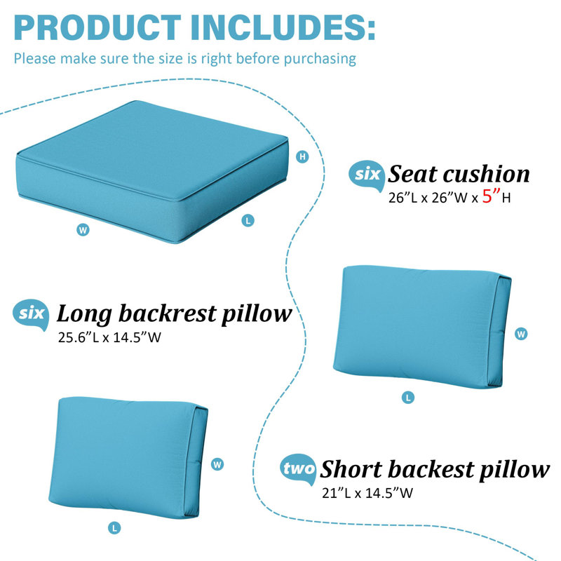 14-Piece Outdoor Replacement Cushion Set Seat/Back Cushion，26'' W X 26'' D，Only Cushions, Teal, 26" L x 26" W x 5" H