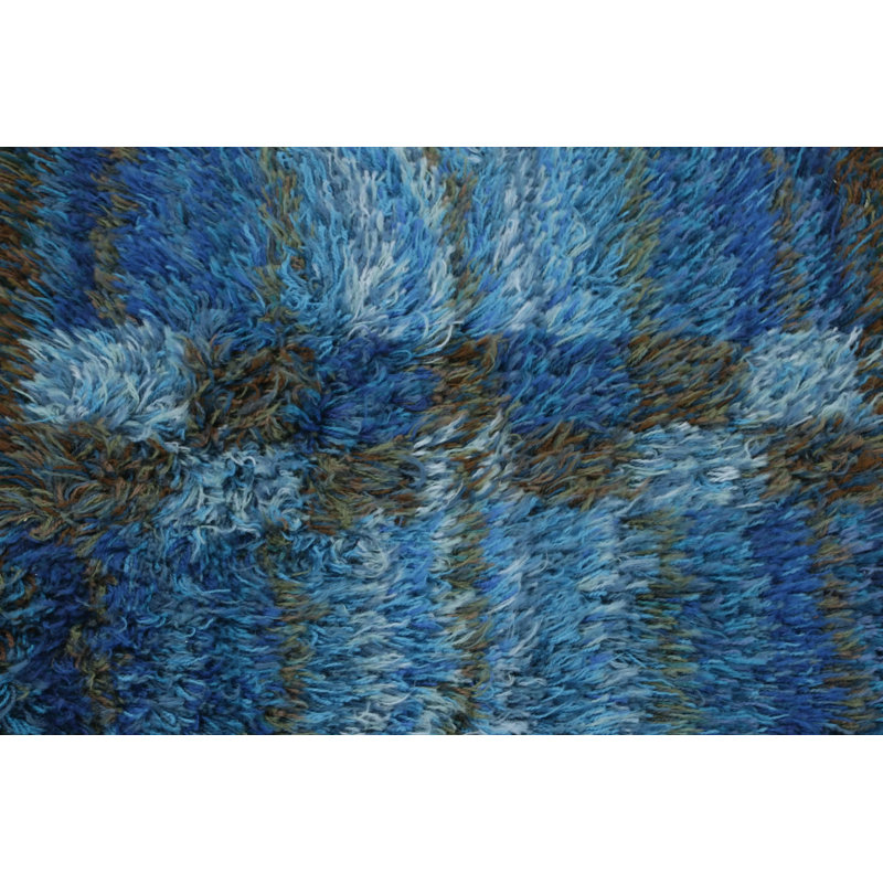 Vintage Swedish Rya Runner With Blue And Gray Geometric Pattern -  Rug & Kilim