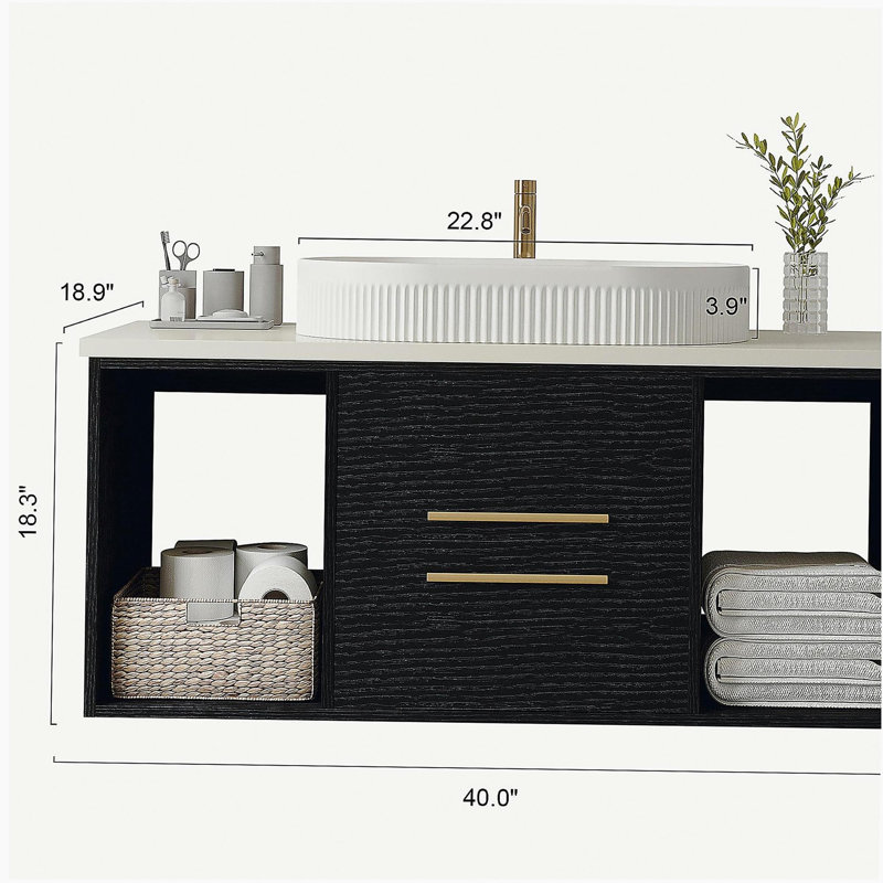 Meuble-lavabo mural moderne 39,4 po avec lavabo en céramique ovale flottant multi-couches, Noir et or