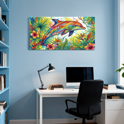 Animaux, dauphin coloré, impression de motif floral tropical