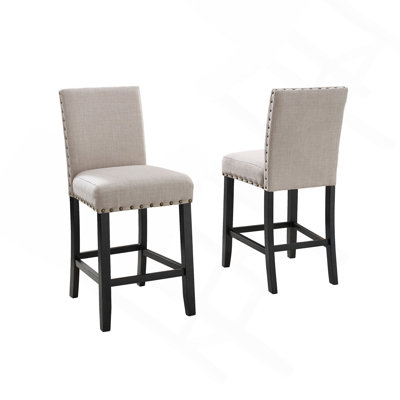 Set of 2 Tan Fabric Counter Height Stools, Upholstered Bar Stools with Nailhead Trim for Kitchen Island