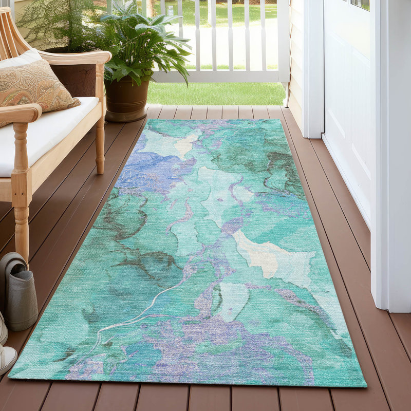 Machine Washable Indoor/Outdoor Xhevrie Teal Rug, Runner 2'3" x 7'6"