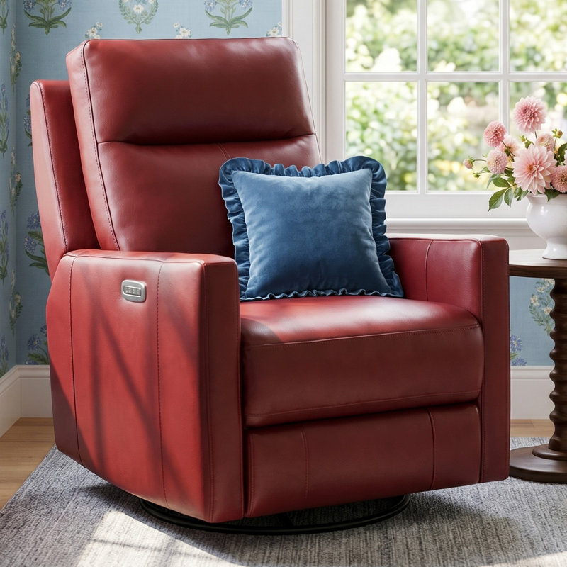 Ibis Power Headrest Top Grain Leather Swivel Glider Recliner, Vienna Cranberry Red