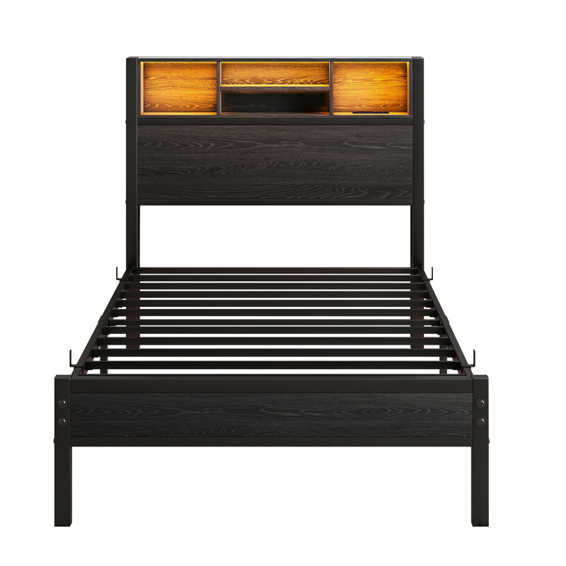 Twin Metal Platform Bed With Storage Headboard, Charging Station, And Smart For A Comfortable Bedroom - , No Box Spring, Fast Assembly