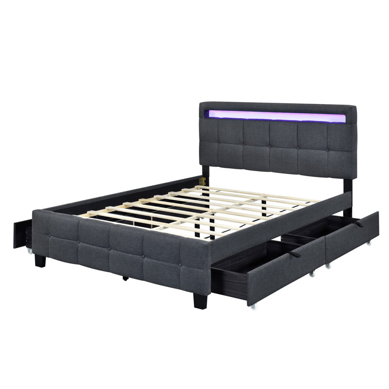 Lit plateforme tapissier avec cadre à DEL et 2 tiroirs, Grand, gris