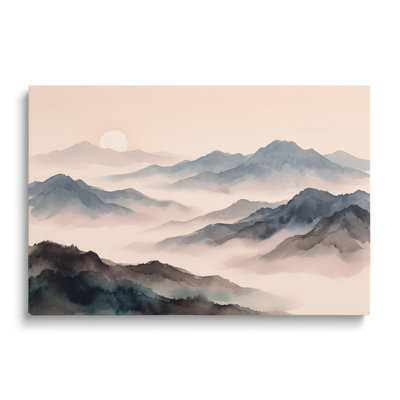 Tableau multicolore sur toile représentant un paysage, une montagne et de la brume, style pictural, idéal pour le salon, la salle à manger et la chambre.
