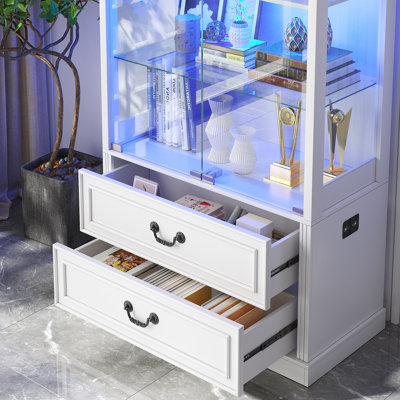 66" H Glass Display Cabinet with 2-Drawers & Led Lights, Storage Cabinet With Adjustable Glass Shelves 
