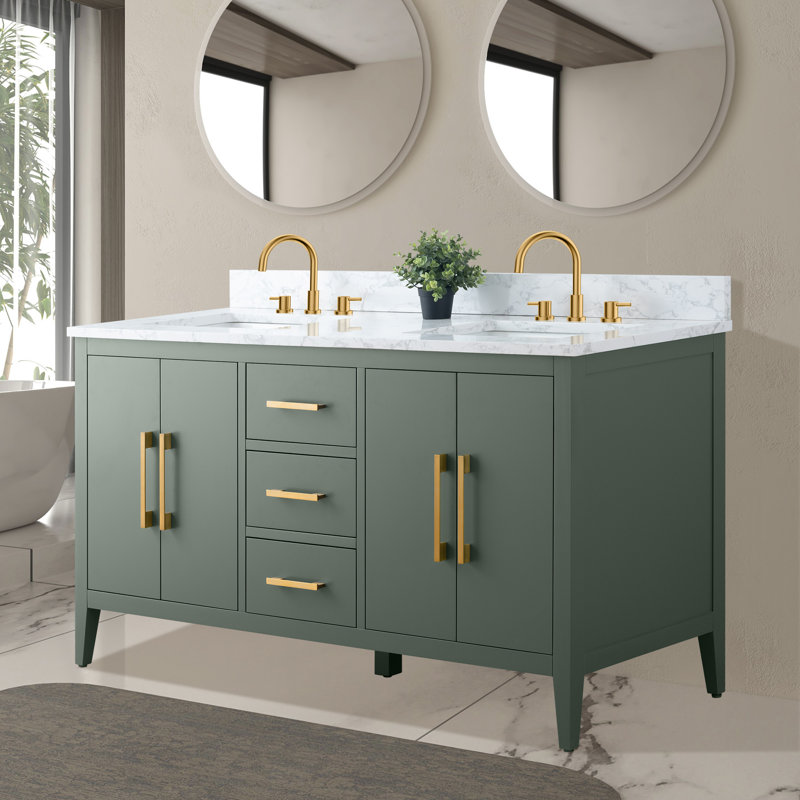 Chambery 60" Double Sink Bathroom Vanity with Engineered Marble Top, Brushed Gold, Vintage Green