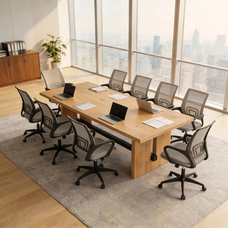 Table de conférence industrielle en bois massif avec 8 chaises de bureau ergonomiques en filet