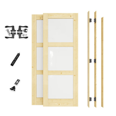 56" x 80" Interior French Door, 3‑Lite Pine Wood & Tempered Frosted Glass Doors, Unfinished Paintable Solid Pine Wood, Complete Jamb Kit, Black Hinges, 4 Curve Levers & Latch, Sturdy Natural Pine Wood Construction & Privacy & Frosted Glass