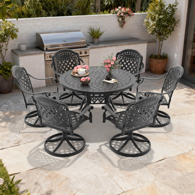 Ensemble de salle à manger de patio rond 7 pièces de 47,24 po avec 6 chaises pivotantes et coussins rouges, 6