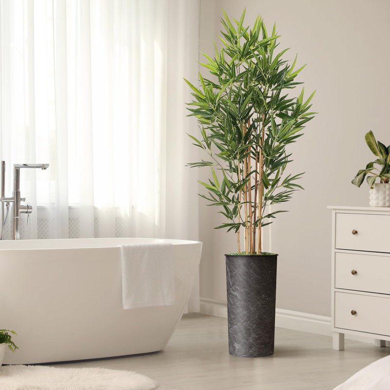 Artificial Tree in Black White Wood Tree Rings Pattern Planter Fake Bamboo Silk Tree, Stone Dark Grey