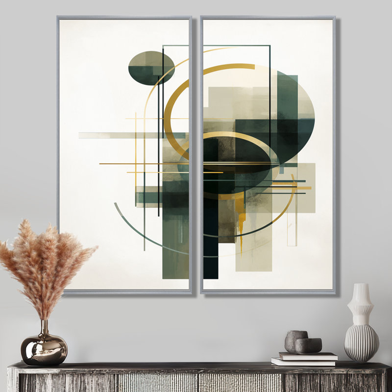«Emerald Gold Retro Geometrics - Minimalisme, art sur toile, art abstrait vert 2 panneaux, Reproduction avec cadre flottant