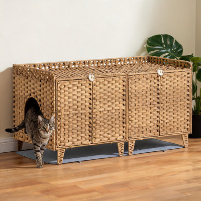 Double bac à litière pour 2 chats - Meuble pour chat caché en rotin avec tapis de litière 2 crochets et portes, grand chat pour 2 bacs à litière, facile à nettoyer, l 47,2 po x l 19,7 po x H 23,6 po, naturel