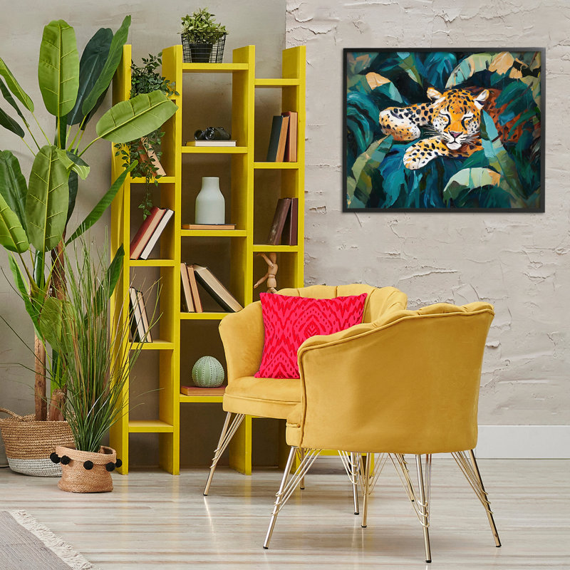 Léopard dormant dans des feuilles, estampe numérique par Ramona Murdock, H 24 po x l 30 po, Giclée encadrée noir minuit
