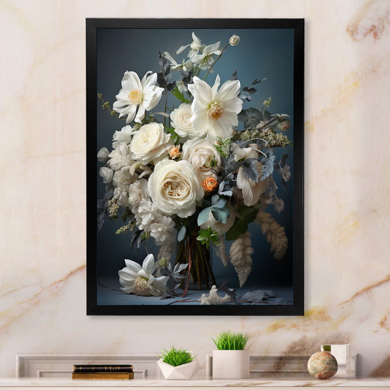 Captola blanc bleu saisonnier fleurs Seasonal Elegance II - impression, Cadre photo noir, H 20 po x l 12 po x P 1 po