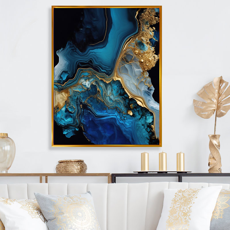 Géode abstraite or et marbre bleu IV - art mural abstrait en marbre, H 40 po x l 30 po, Toile avec cadre flottant, Doré