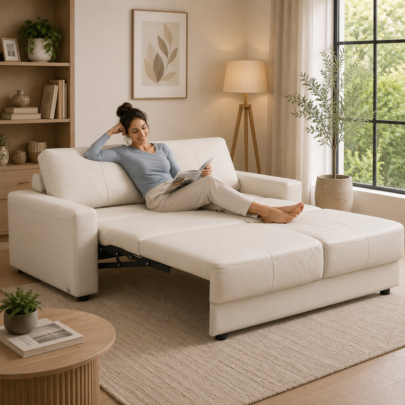 DreamLoom 73.2" Top Grain Italian Leather Pull Out Sleeper Sofa Bed with Memory Foam Mattress, Leather Sleeper Sofa Bed with Memory Foam Mattress For Livingroom