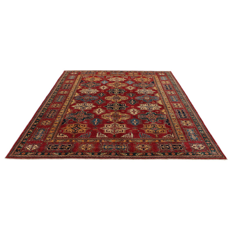 Tapis tribal Kazak 7 x 9 rouge et ivoire