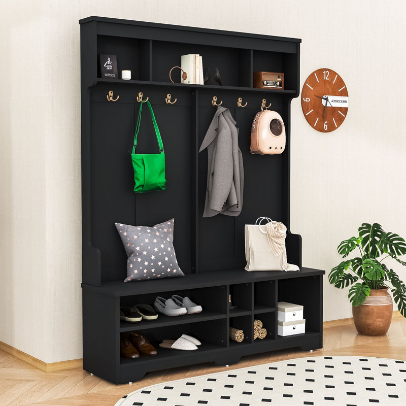 Hall Tree with Storage Compartment, 6 Hooks and Seating Bench, Black