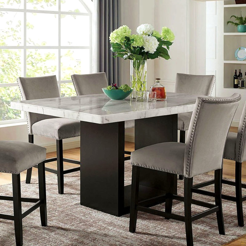 Table de salle à manger en marbre véritable avec chaises hautes 6X et flanelle gris clair