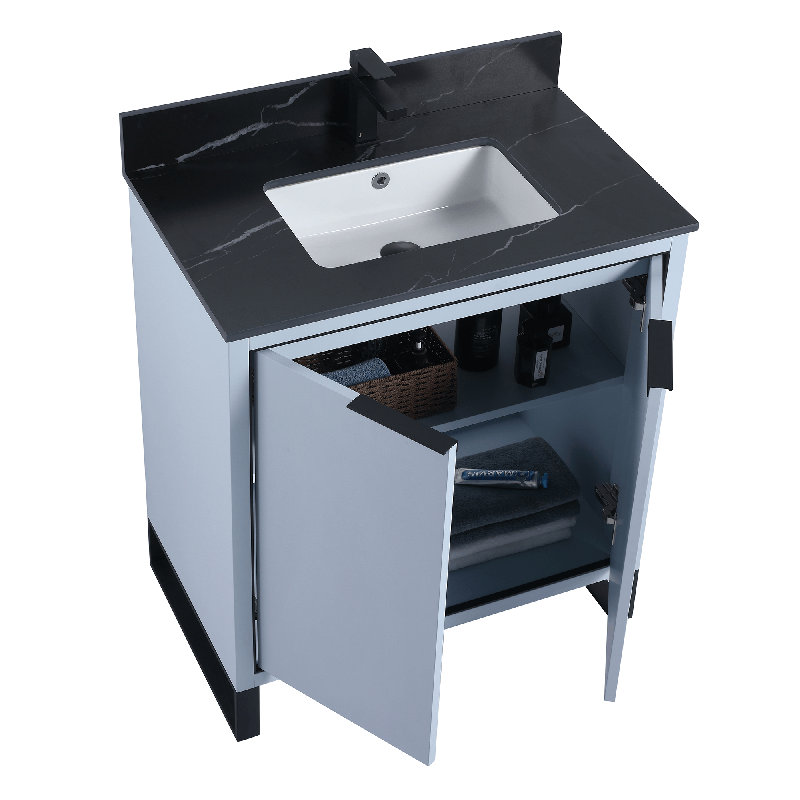 Gesa 30'' Single Bathroom Vanity with Stone Top, Pastel Blue, Matte Black