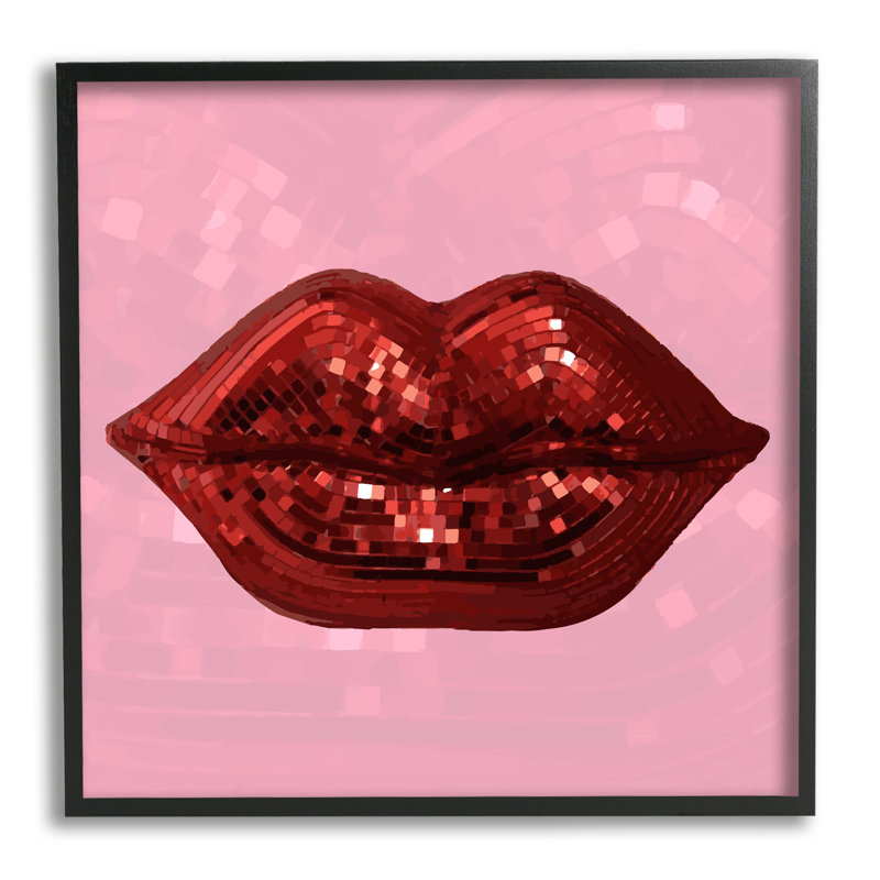 «Bold Pink & Red Lips Disco Motif on Wood» par Lil 'Rue, impression, Giclée encadrée noir minuit