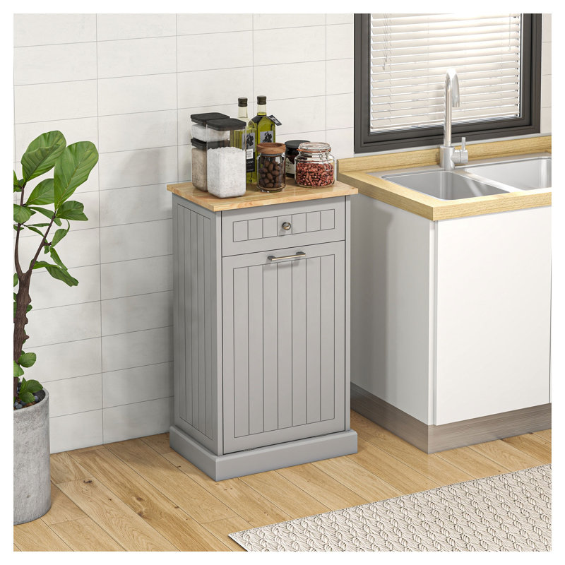 Meuble-poubelle de cuisine HOMCOM sur pied avec tiroir et système anti-basculement, en MDF gris., Grey