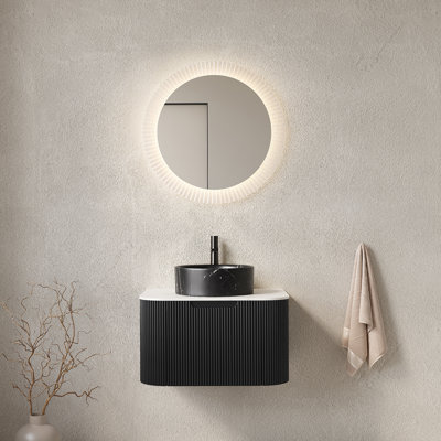 Meuble-lavabo de 24 po avec lavabo, meuble de rangement rayé à bords arrondis avec tiroir, lavabo rond en céramique noir et plateau en pierre frittée blanc de Carrare, pré-assemblé, couleur noire
