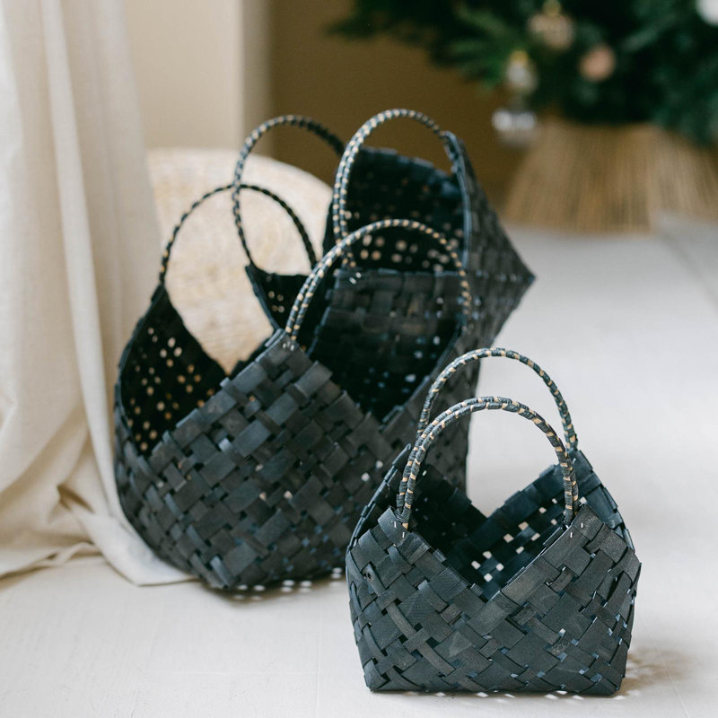 Set of 3 Black Woven Rattan Storage Baskets with Handles