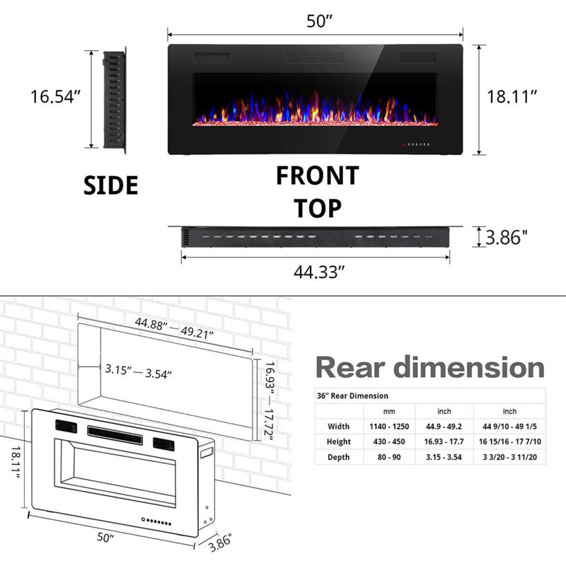 Recessed and Wall Mounted The Thinnest Fireplace, 18.10" H x 50" W x 3.80" D