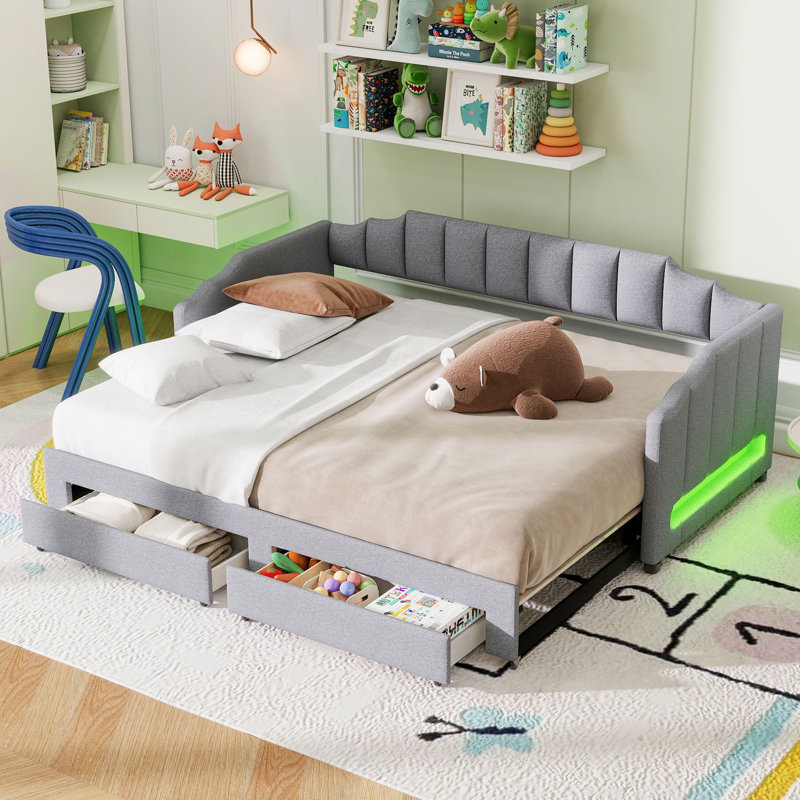 Upholstered Daybed Of Extendable Design With 2 Drawers And Led, Gray