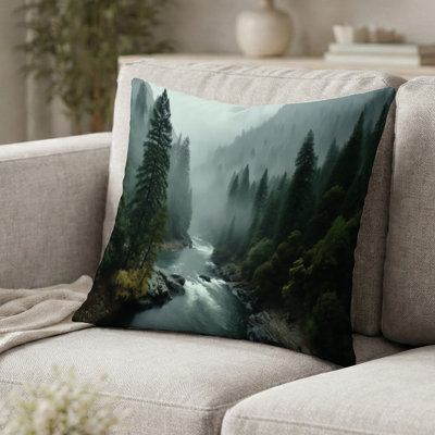 Coussin Morning Mist In The Vancouver Mountains - coussin décoratif imprimé Forest River Mountains