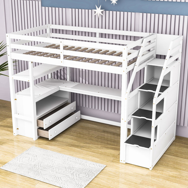 Kids Loft Bed with Drawers, White, Twin
