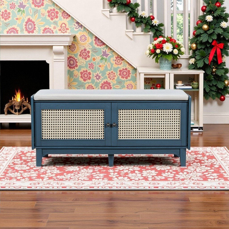 Storage Bench With Rattan Doors, Pine Wood Frame, Removable Cushion, And Adjustable Shelves, Antique Navy,Beige