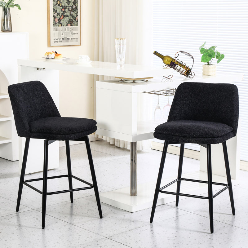 Tabourets de comptoir de 2 tabourets en métal revêtus de lin noir d'une hauteur de 25,6 po pour un coin cuisine moderne, Noir