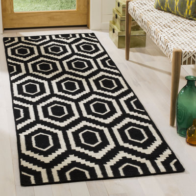Tapis noir / ivoire en laine et coton tissé à la main Bullock