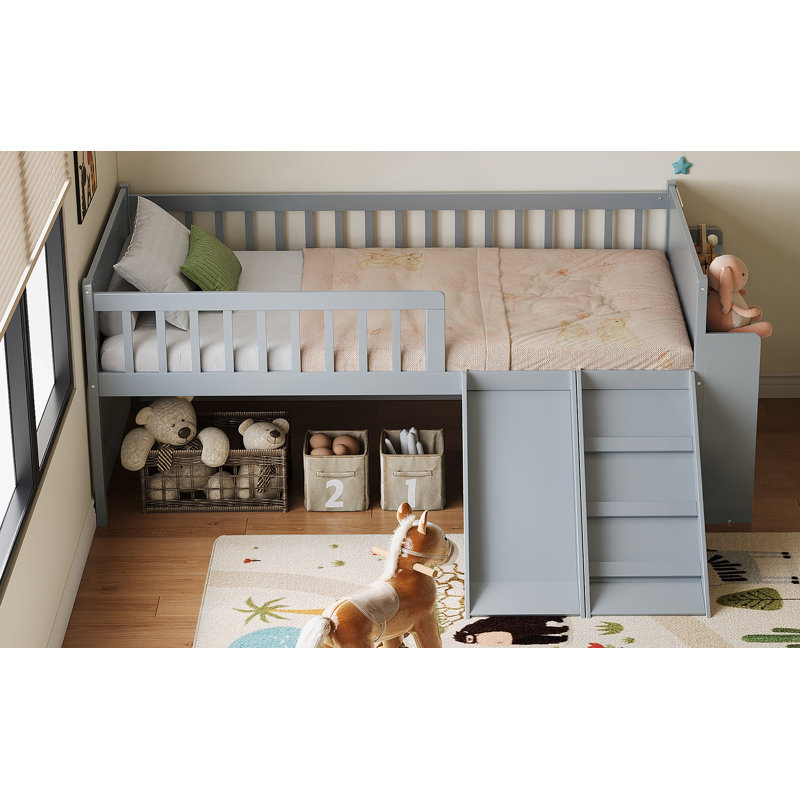 Structure de lit avec tablette de rangement, lit en bois avec glissoire et échelle, garde-corps, Grey