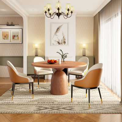 3/5/7 Pcs Mid-Century Solid Wood Round Dining Table Sets With Sturdy Iron-Framed Kitchen Chairs For 2/4/6