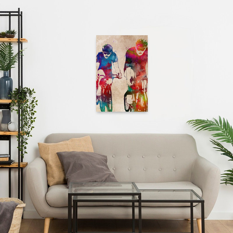 «Vibrant Cycling Duo», art mural contemporain, 24" H x 16" W