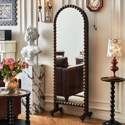 Arched Swivel Mobile Full Length Floor Mirror with Multi-Tier Storage Shelves on Back, All-in-One Dressing Mirror