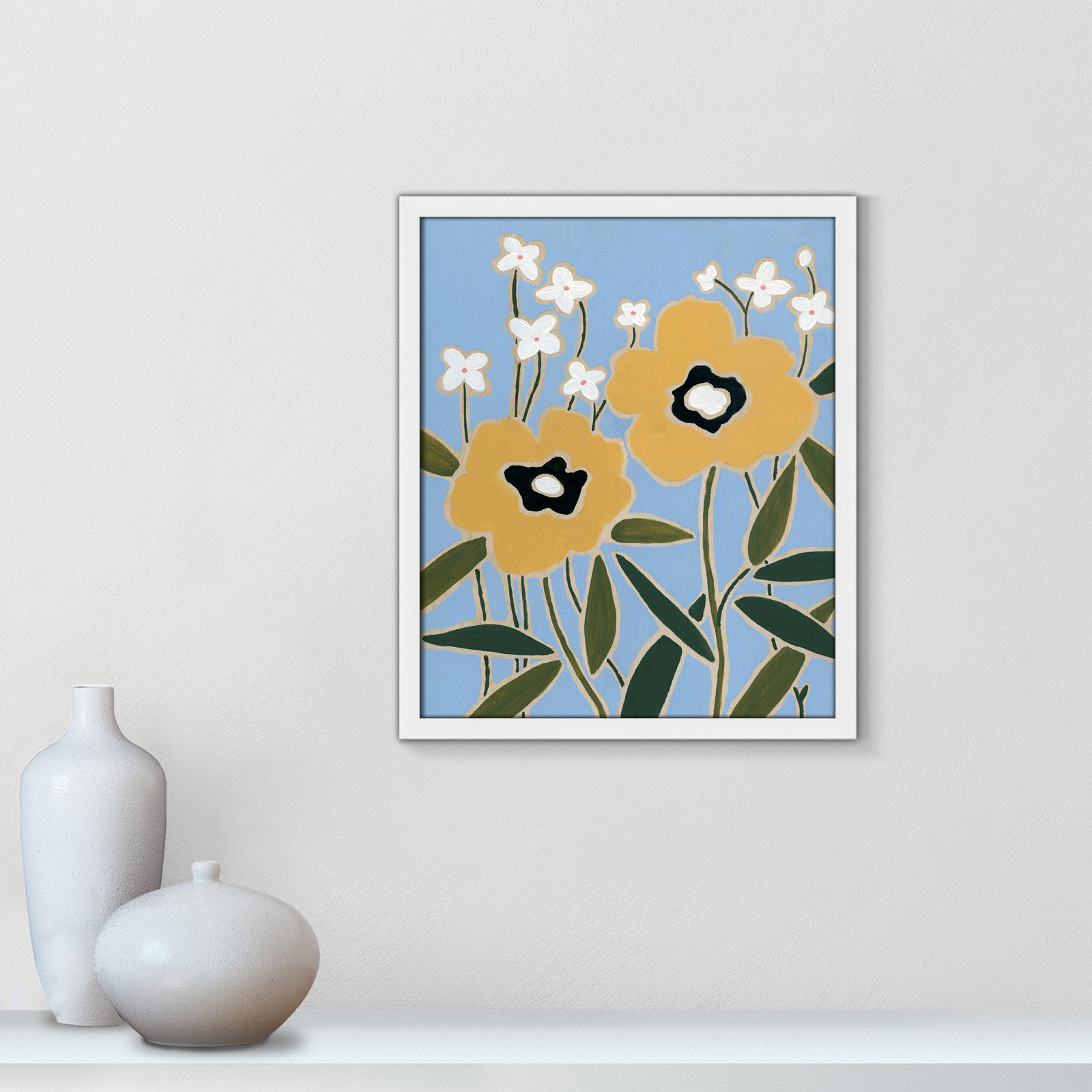 Maura "Woodblock Floral II" Print, 19" H x 16" W x 1.25" D, Satin White Framed