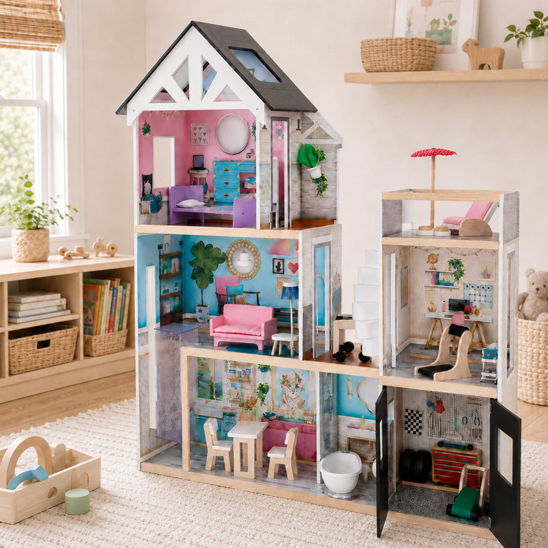  Teamson Kids Dreamland Mansion Wooden Dolls House with 3 Floors, Terrace, Elevator, Spiral Stairs, Lights, Sounds and 18 Accessories